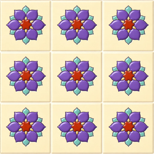 Purple floral medallion mexican relief tile nine piece relief tile set with deep sculpted floral design