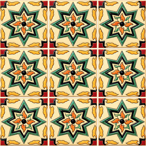 Talavera relief tile geometric floral star design showing nine complete relief tiles