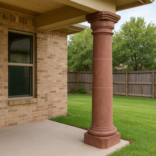 Red stone column with octagonal base for patios installed on a suburban house patio roof in Texas