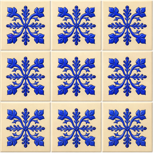 Blue floral cross mexican relief tile nine piece relief tile set with solid blue raised design
