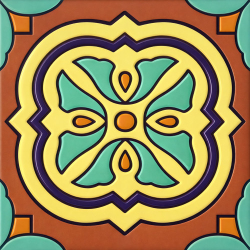 Talavera relief tile quatrefoil floral medallion