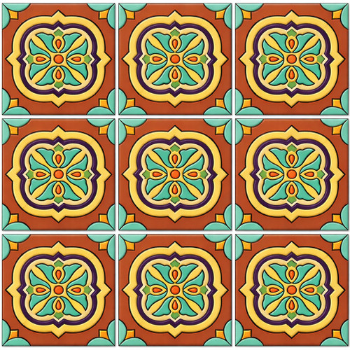 Talavera relief tile quatrefoil floral medallion nine piece set showing complete pattern with raised sculpted ceramic relief