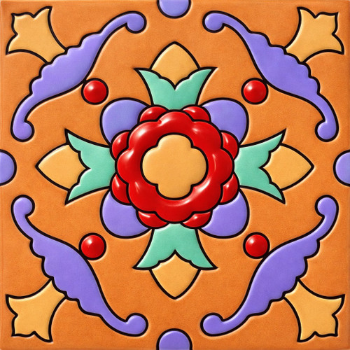 Mexican floral rosette medallion Talavera relief tile with raised ceramic petals, crisp contours, and hand glazed color contrast