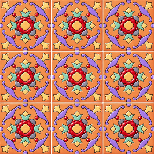 Mexican floral rosette medallion Talavera relief tile nine piece set showing complete pattern with raised sculpted ceramic detail