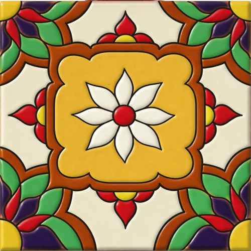 Talavera relief tile floral medallion square