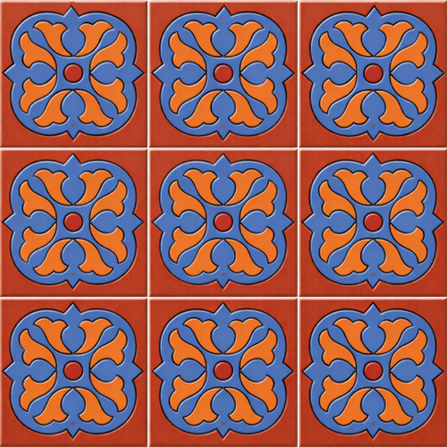 Talavera floral rosette mexican relief tile shown as a nine piece relief tile set with clear grout lines