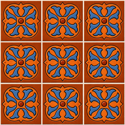 Terracotta blue floral mexican relief tile design nine identical tiles with raised relief