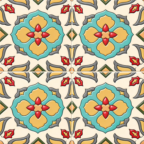 Mexican floral medallion talavera relief tile design showing four complete tiles with raised detail