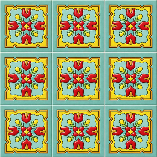 Mexican floral medallion talavera relief tile design showing nine identical relief tiles with full pattern and clean grout lines