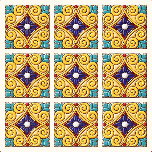 Talavera ornate floral mexican relief tile shown as nine complete relief tiles