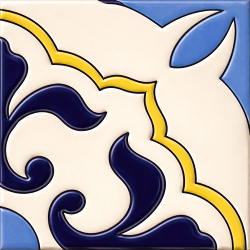 Mexican ornate blue and white floral talavera relief tile