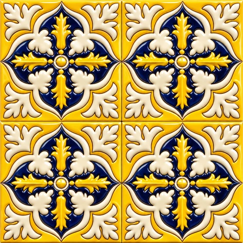 Talavera relief tile yellow leaf arranged in a 16-piece set with visible grout lines