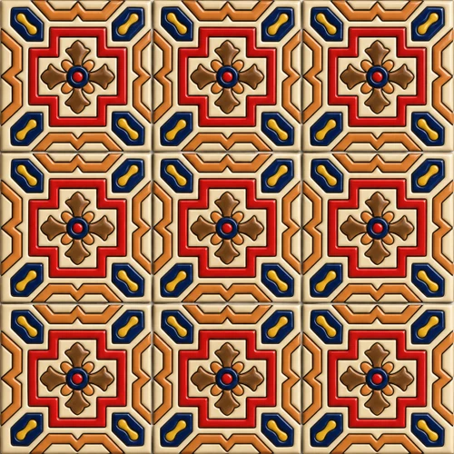 Mexican relief tile red cross pattern arranged in a 9 tile grid with clear relief