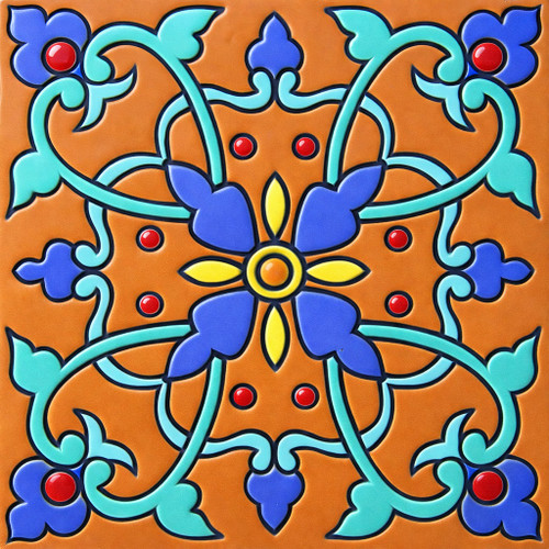 Talavera relief tile floral Vvine medallion