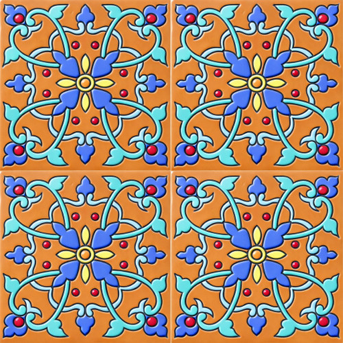 Talavera relief tile floral vine medallion showing four identical relief tiles with solid colors