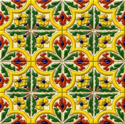 Mexican relief tile yellow bloom 16-piece set with visible grout lines and raised design