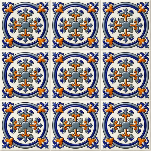Talavera circular fleur cross relief tile arranged in a nine tile relief pattern set
