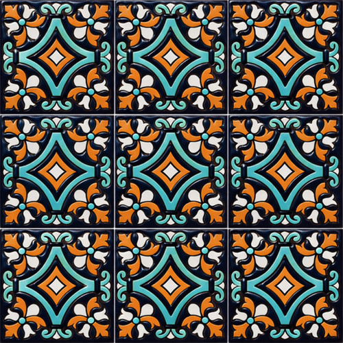 Talavera relief tile diamond scroll motif pattern shown as full nine tile relief set