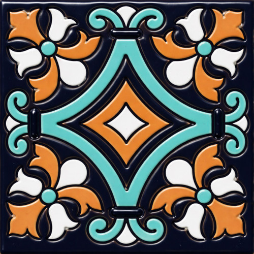 Talavera relief tile diamond scroll motif pattern