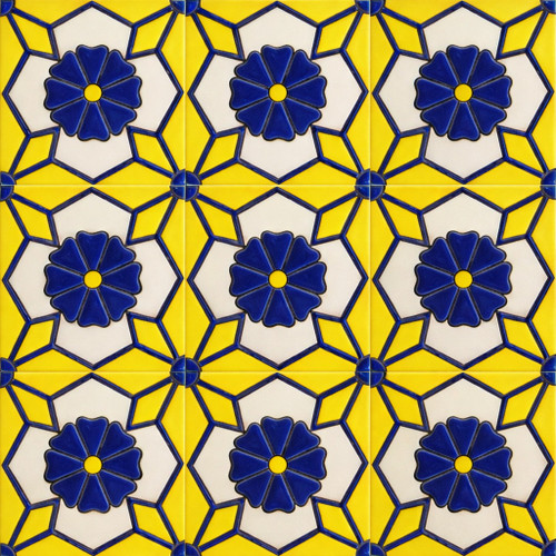 Talavera relief tile cobalt geometric flower pattern nine tile set with full relief detail