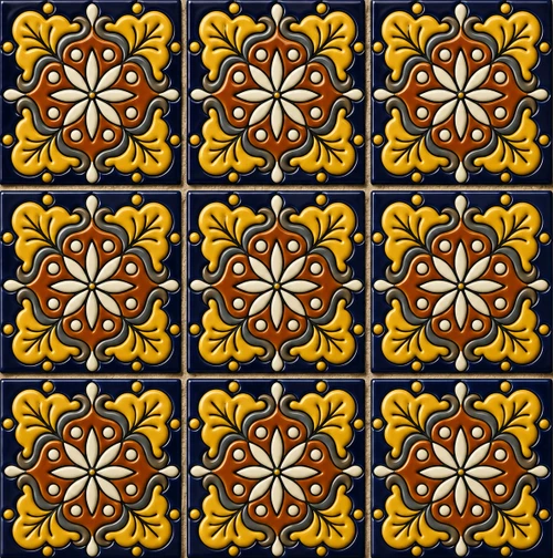 Mexican relief tile yellow rustic motif arranged in nine square tiles with raised details and vivid colors
