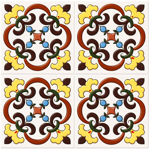 Talavera relief scroll medallion tile four tile set showing full repeated design