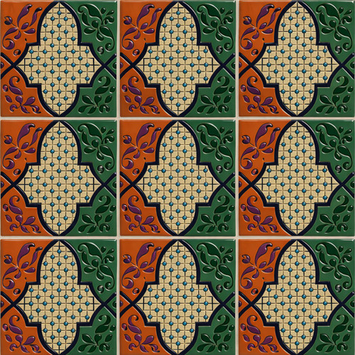 Moorish cross talavera relief tile nine piece layout with full pattern reset
