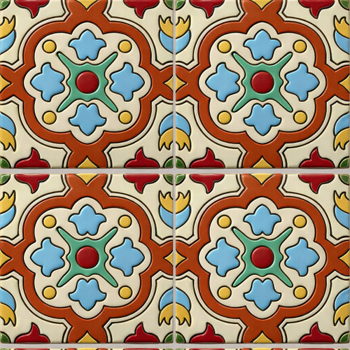 Symmetrical medallion talavera relief tile nine piece set with raised geometric design
