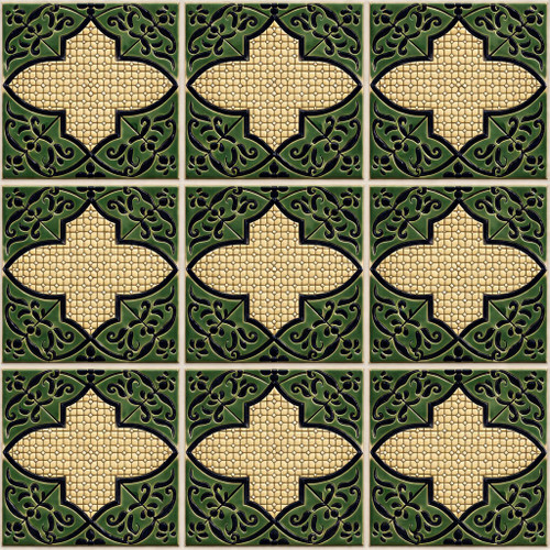 Moorish cross lattice relief tile shown as a nine piece set with deep architectural relief