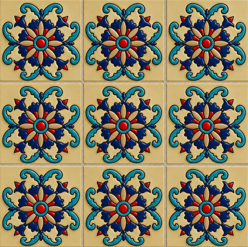 Talavera relief tile with floral scroll arranged in a 6-tile symmetrical grid layout