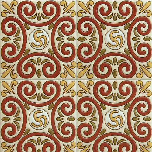 Talavera relief tile scroll medallion displayed in a four-tile set with light grout lines