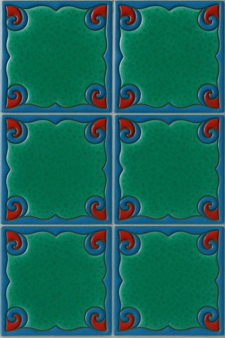 Mexican talavera relief tile emerald six-piece set showing deep sculpted relief