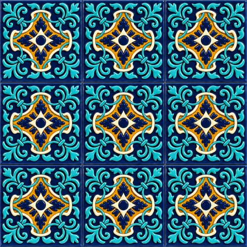 Relief talavera tile with blue and gold design put together side by side to visualize how they look installed on the backsplash wall