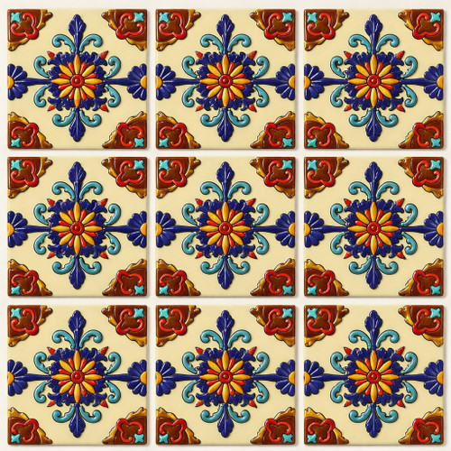 Talavera relief medallion tile nine tile relief set showing full pattern with clean grout lines