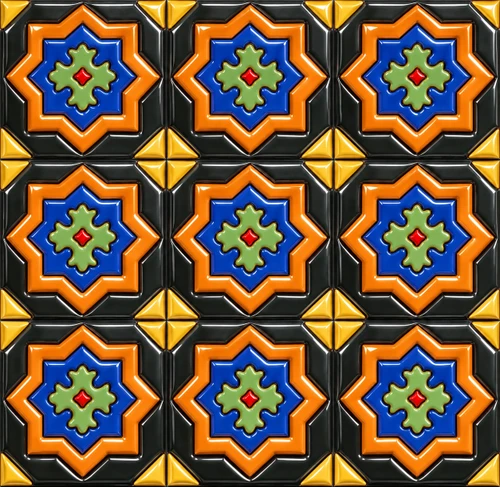 Mexican relief tile black orange star pattern layout with light grout