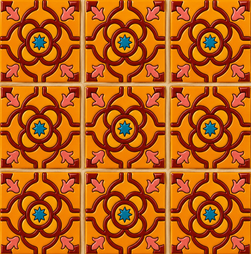 Mexican relief tile floral star design with nine square raised tiles in 3x3 grid