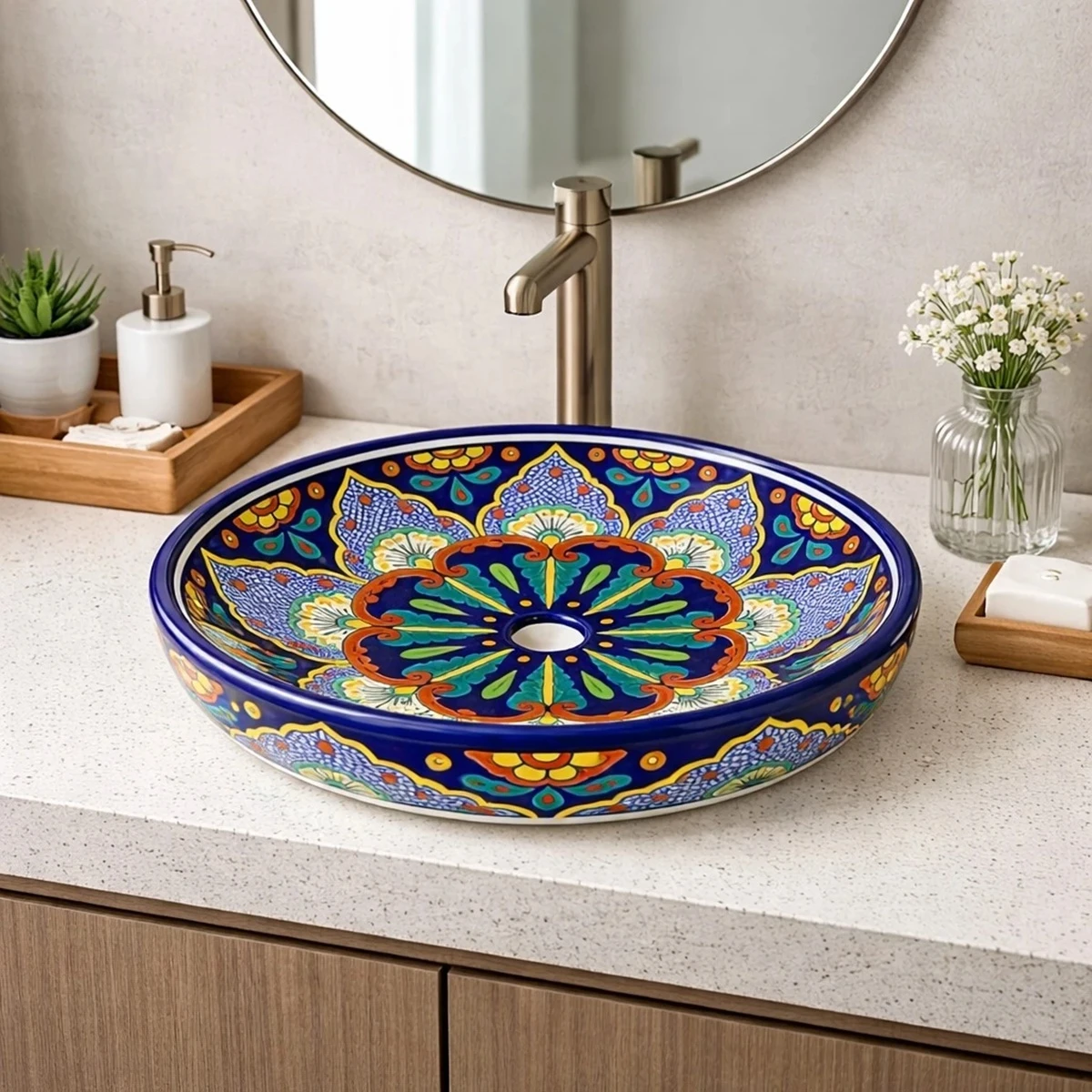 Above counter talavera sink in a bathroom setting