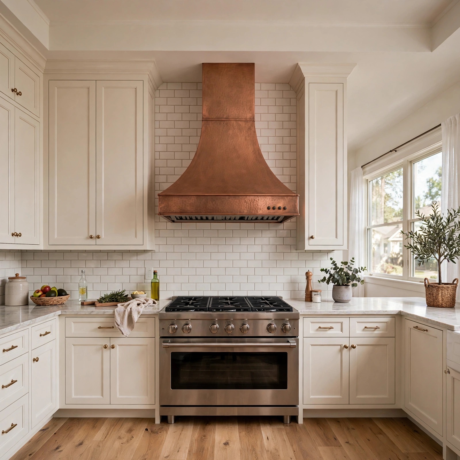 Bell-shaped copper range hood with dark patina in a transitional kitchen