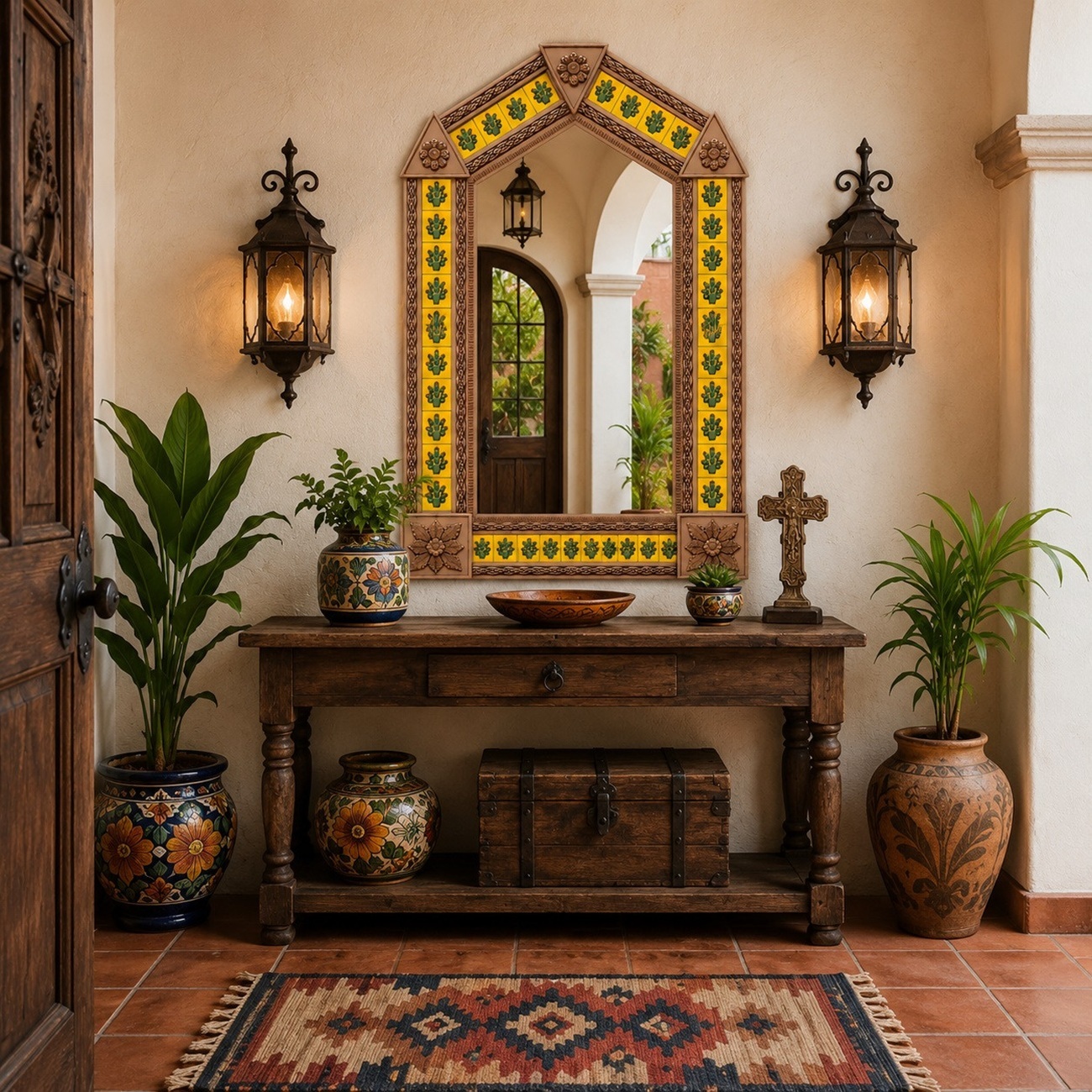 Handmade arch tin mirror with frame decorated with talavera tiles
