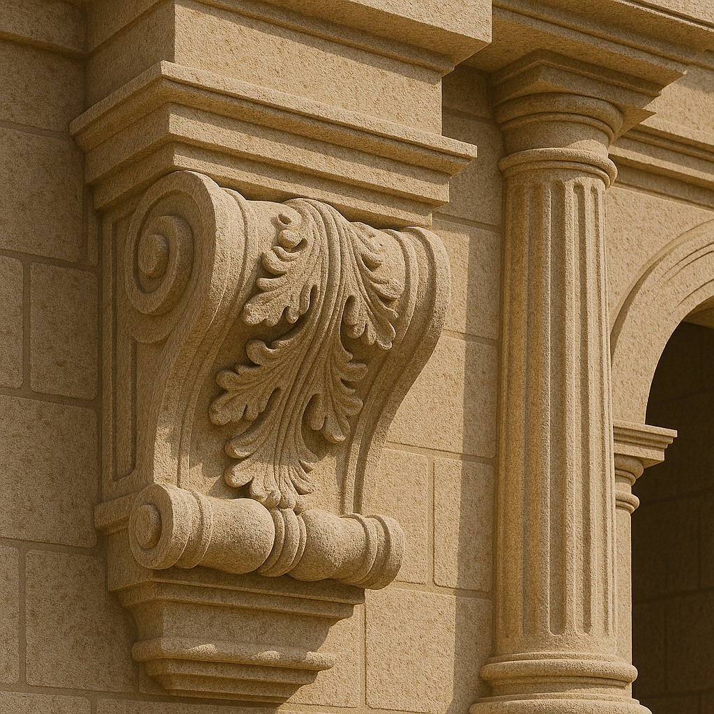 architectural cantera stone bases and door frame