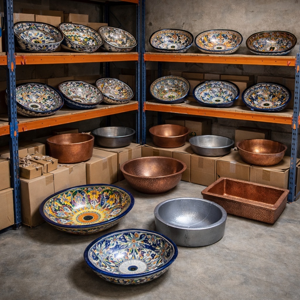 Warehouse with bathroom sinks on sale