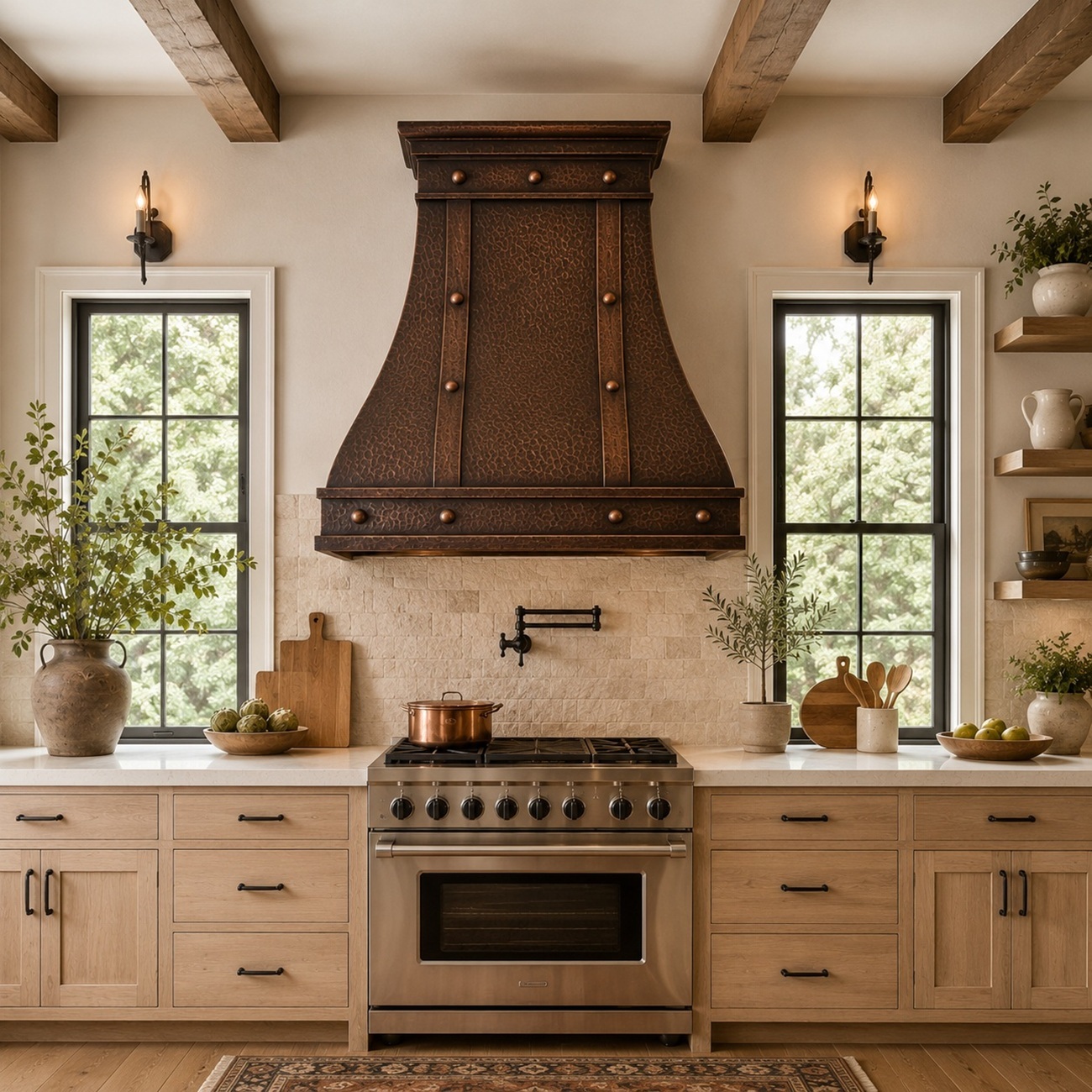 Bell-shaped copper range hood in a kitchen