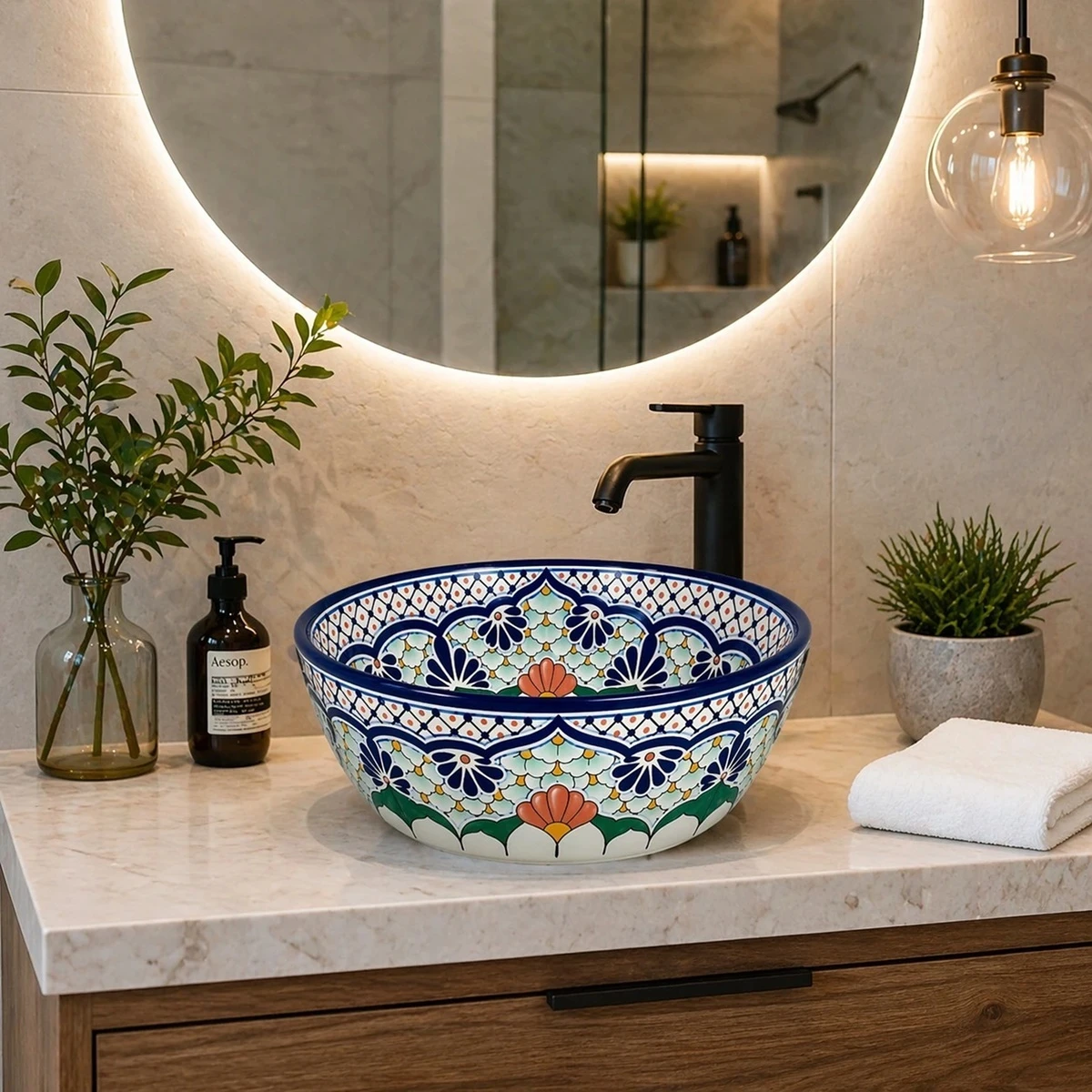 Mexican hand painted talavera vessel sink in a bathroom setting