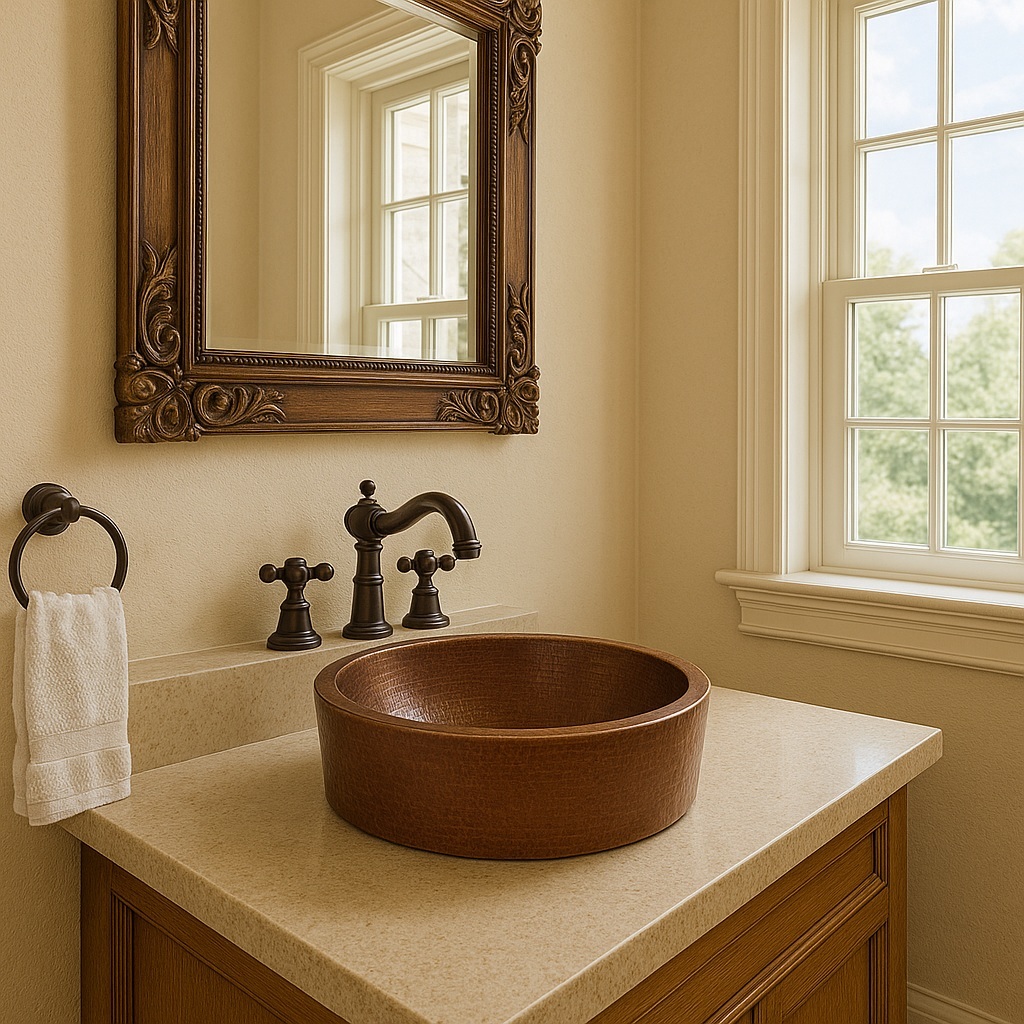 Hand-hammered copper sink in a rustic bathroom