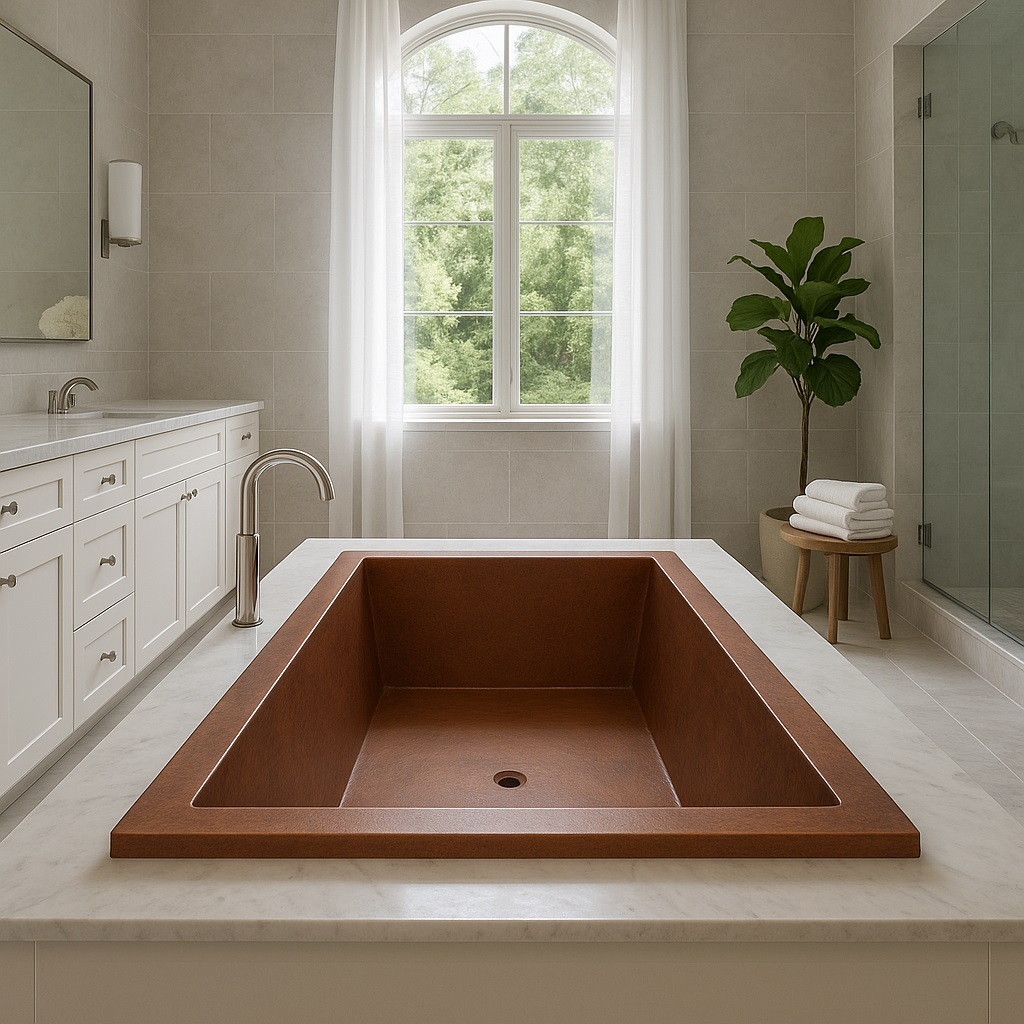 Drop-in copper bathtub set into a stone deck in a bright bathroom with a large window