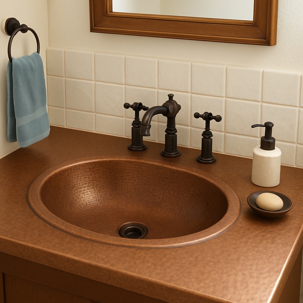 Hand-hammered drop-in style copper sink in a bathroom