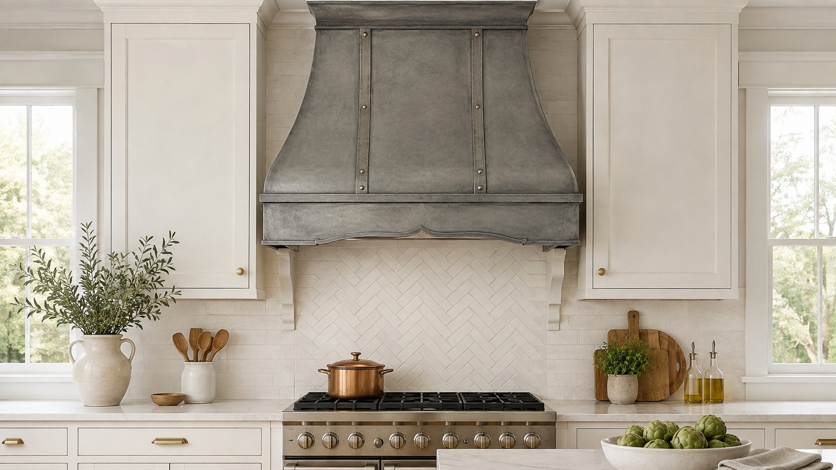 Farmhouse zinc range hood in a kitchen