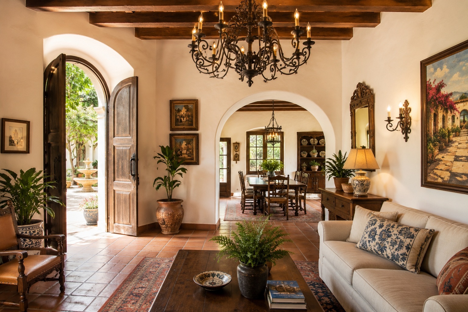 Hand-forged Hacienda iron chandelier in a Spanish Revival interior