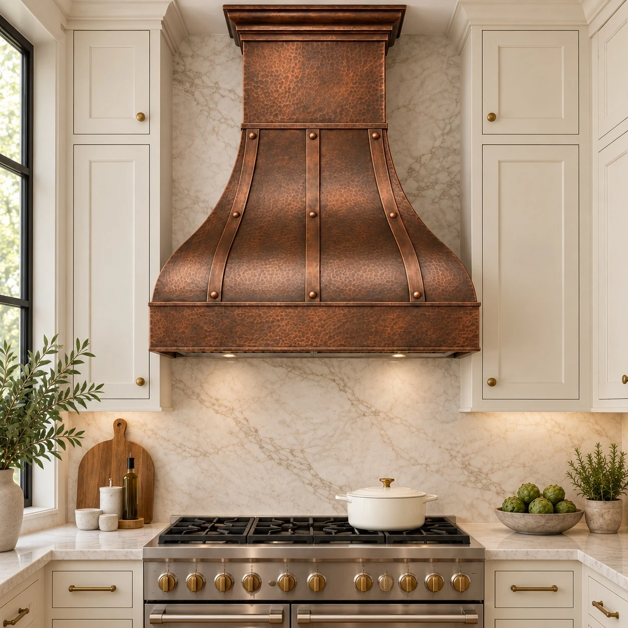 Hand-hammered copper range hood in a bright transitional kitchen with cream cabinets and quartzite backsplash