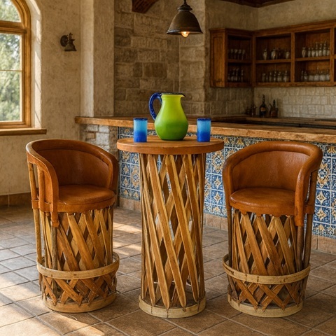 Handcrafted bar table with stools in rustic farmhouse style restaurant